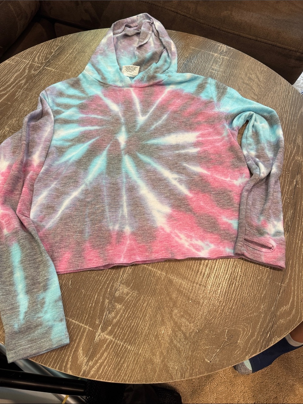 Cropped Tie-Dye Starburst Hoodie in Pink, Aqua & Gray